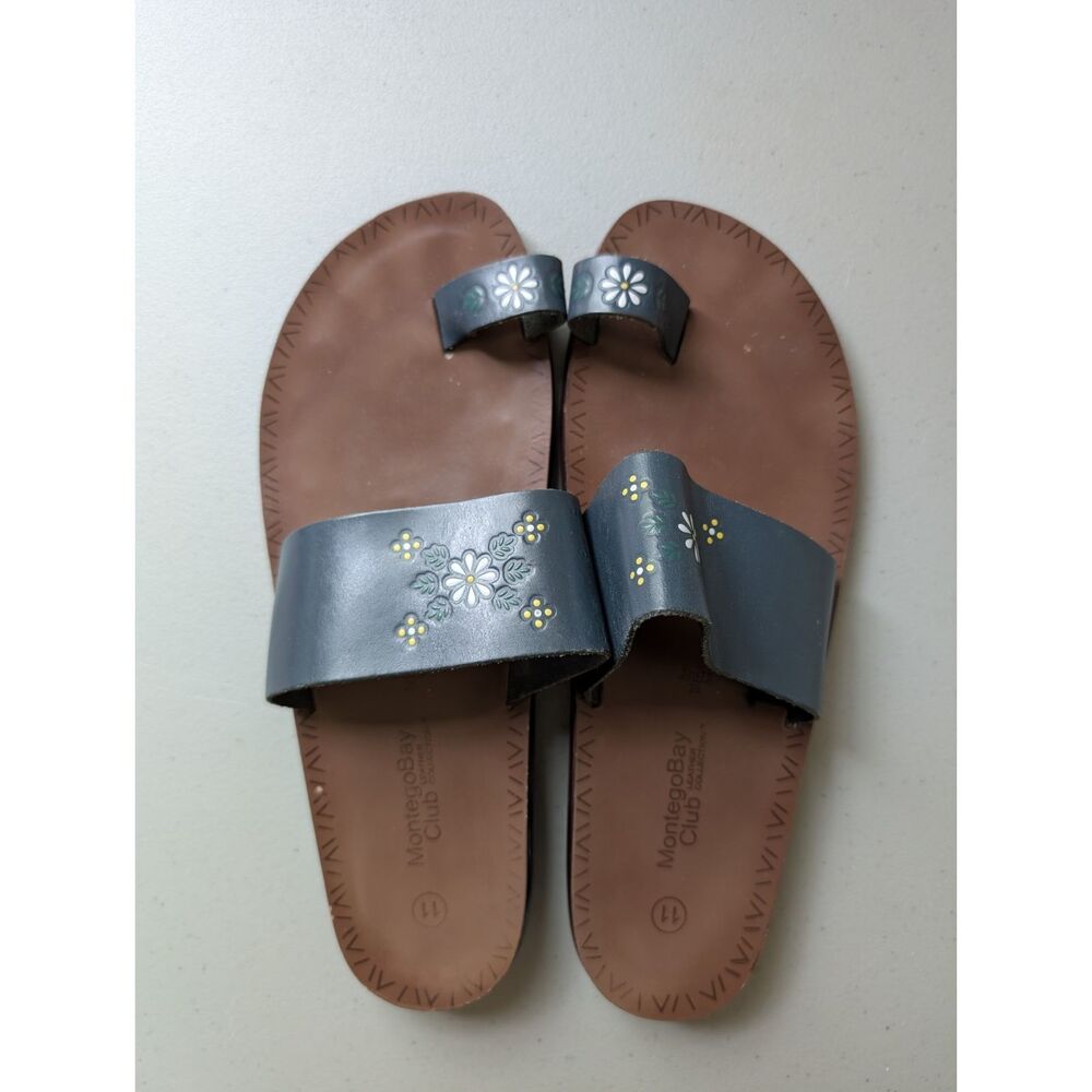 Montego Bay Club Flower Navy Leather Slip on Sandals Slides Women size 11
